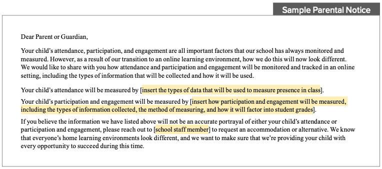 Screenshot of a monitoring attendance and student engagement parent notice for parents